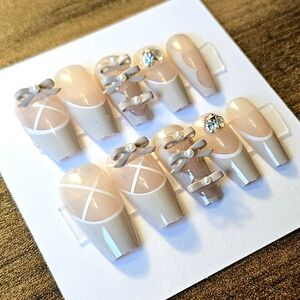 24 pcs ballerina bow tie diamond beige nude french tip press on nails ho…